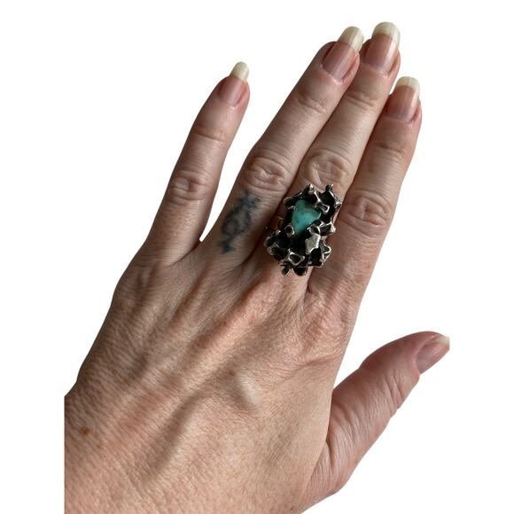 vintage sterling silver and turquoise brutalist style ring size 8 southwestern - Picture 2 of 9